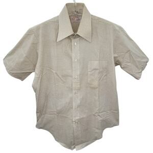 Manhattan 70s Beige Brown Check Woven Shirt Retro Button‑Up Vintage Casual‎